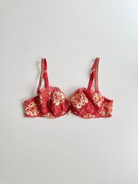 LEJABY Red Orange Yellow Floral Lace Seashell Charm Demi Bra, Size 34C